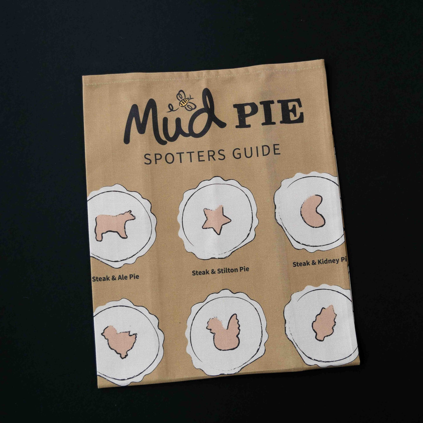 The Mud Pies Tea Towel Pie Spotters Guide is a plush cotton towel featuring detailed pie illustrations on a deep, rich background.