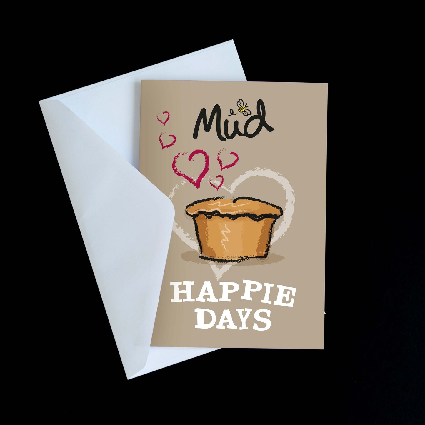 The Mud Pies Valentines Greetings Card showcases a charming pie drawing and includes a white envelope, perfect for gifting alongside pies.