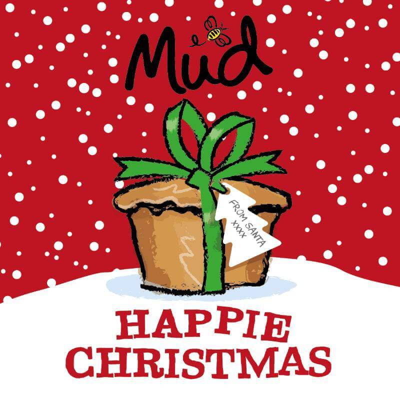 Mud Pies Happie Christmas Gift Voucher shows a Christmas pudding with green bow, “Mud” and bee on top, “HAPPIE CHRISTMAS” below, and a “From Santa xxx” label.