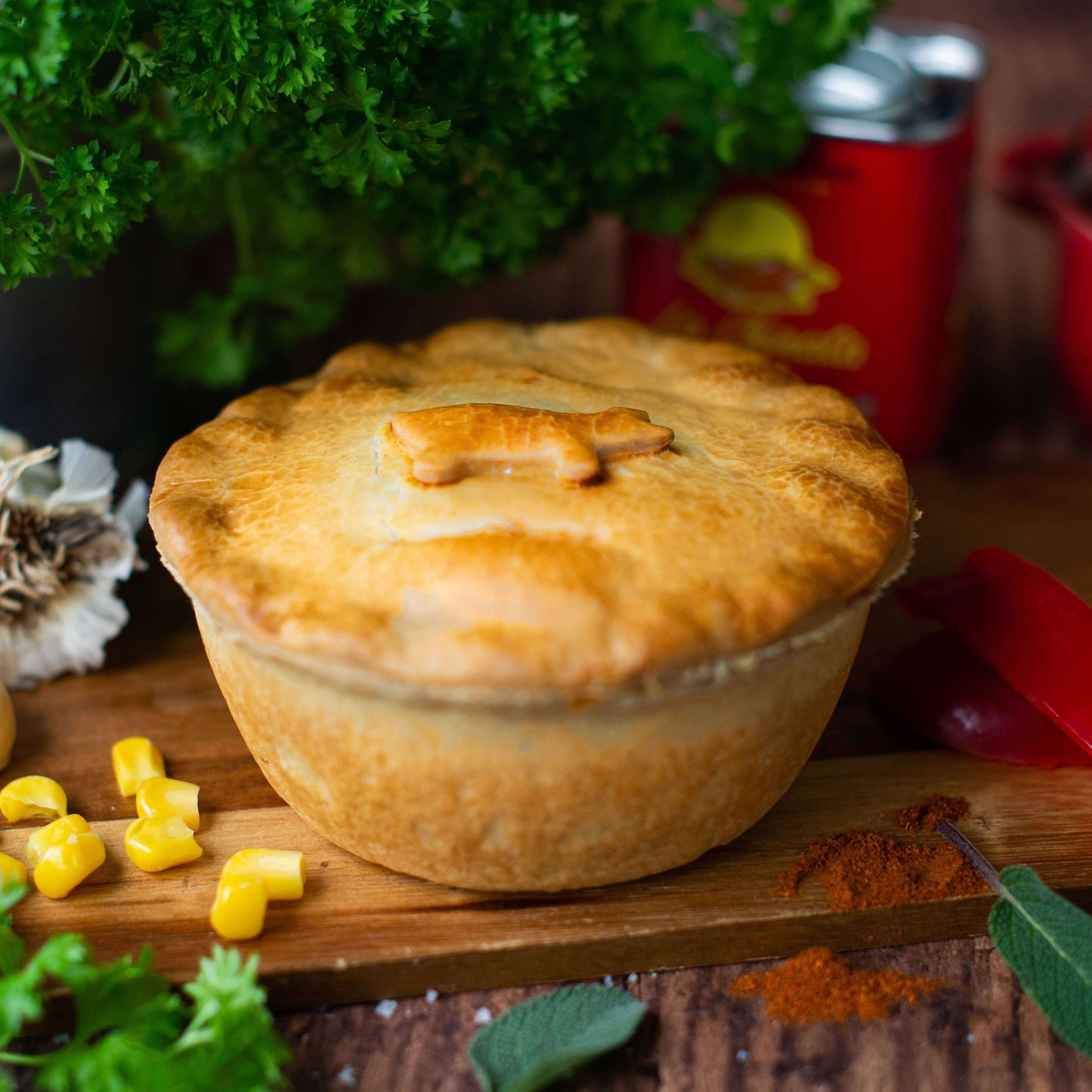 Mud Pies’ Pulled Pork in Sticky BBQ Sauce nestles in a golden pot pie, pastry pig atop, with corn, garlic, herbs and red spice.