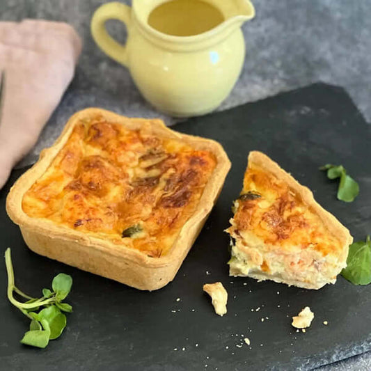 Smoked trout and watercress squiche cut open