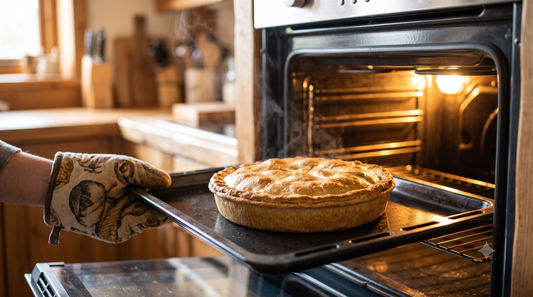 Oven baking a pie while learning how to cook a pie in a cozy kitchen.