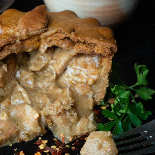 Mud Pies Chip Shop Chicken Curry pie with crisp golden pastry after air frying