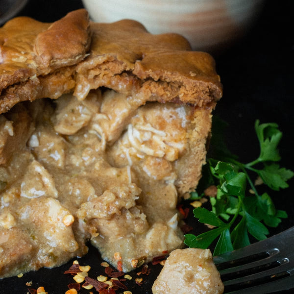 Mud Pies Chip Shop Chicken Curry pie with crisp golden pastry after air frying