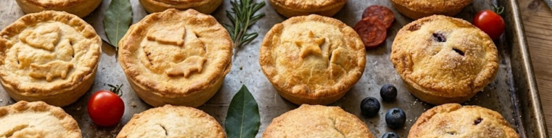 Freshly baked handmade pies in Chichester showcasing seasonal ingredients on a rustic tray.