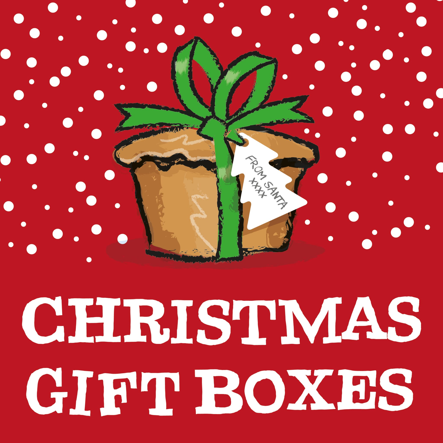 A festive pie tied with a green ribbon and a 'From Santa' tag rests on a red background dotted with falling snow. Bold white text states, CHRISTMAS GIFT BOXES.