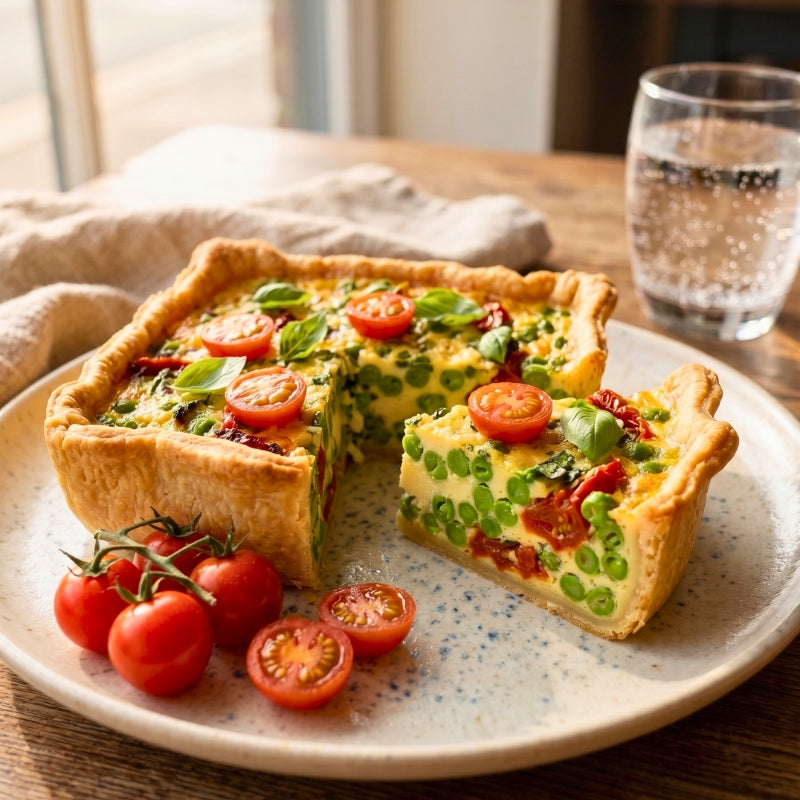 The Mud Pies Pea, Semi-Dried Tomato Twineham Grange Quiche is a square vegetarian quiche crafted with butter-rich shortcrust pastry and packed with peas, semi-dried tomatoes, Twineham Grange cheese, and fresh herbs. Served on a plate with cherry tomatoes at its side, one slice has been removed to showcase the colourful, handmade filling. In the softly-lit background, there’s a glass of water and a beige napkin as sunlight streams through the window.