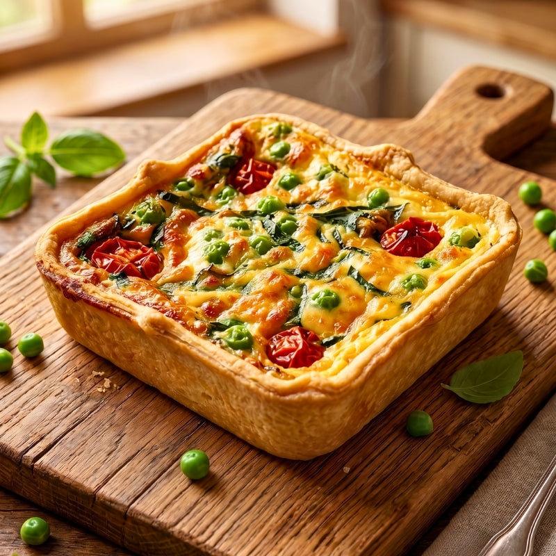 A golden-brown, square Mud Pies Pea, Semi-Dried Tomato Twineham Grange Quiche sits on a wooden cutting board. The top is layered with rich, bubbling Twineham Grange cheese from Sussex over a buttery shortcrust pastry. Fresh basil leaves and a scattering of peas decorate the area around the vegetarian quiche. Sunlight pours in from a nearby window, casting a warm glow across the scene.