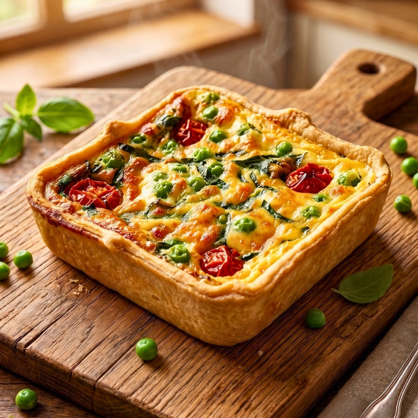A golden-brown, square Mud Pies Pea, Semi-Dried Tomato Twineham Grange Quiche sits on a wooden cutting board. The top is layered with rich, bubbling Twineham Grange cheese from Sussex over a buttery shortcrust pastry. Fresh basil leaves and a scattering of peas decorate the area around the vegetarian quiche. Sunlight pours in from a nearby window, casting a warm glow across the scene.