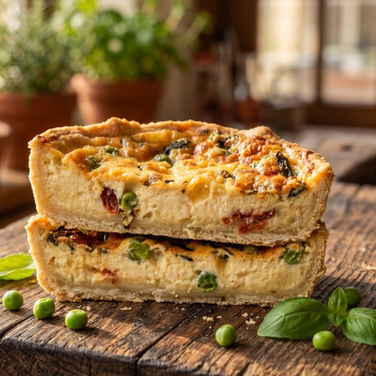 Two generous slices of Mud Pies’ Pea, Semi-Dried Tomato Twineham Grange Quiche sit atop a rustic wooden table. Each slice showcases a golden, buttery shortcrust pastry filled with savoury peas, semi-dried tomatoes, Sussex-made Twineham Grange cheese and fresh herbs. Fresh basil leaves and green peas are scattered around the quiche. In the softly blurred background, sunlight streams through leafy plants.