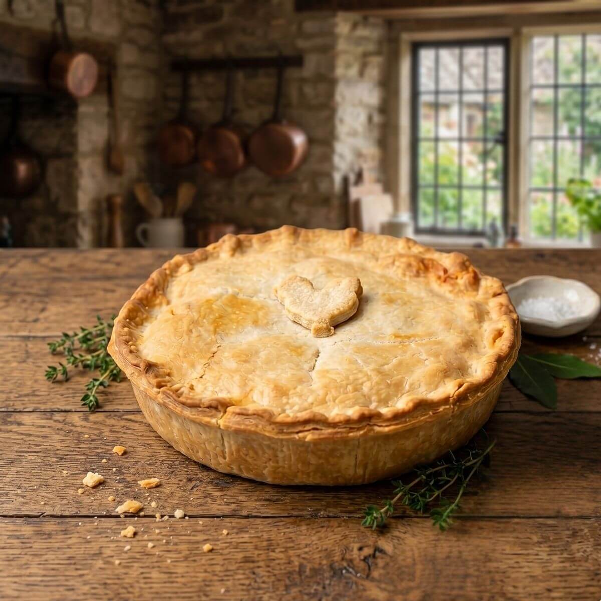 Chicken Ham and Leek Family Pie baked to golden perfection on a rustic wooden table.