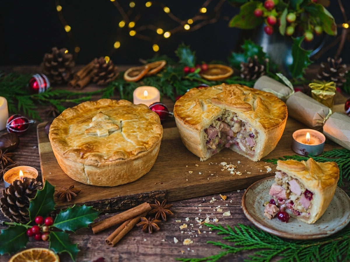 A whole and a sliced Mud Pies Christmas In A Pie — Turkey and Ham Christmas Pie with pastry tree decorations sit on a wooden board, with a single slice on a plate; the filling shows chunks of meat, vegetables, and cranberries.