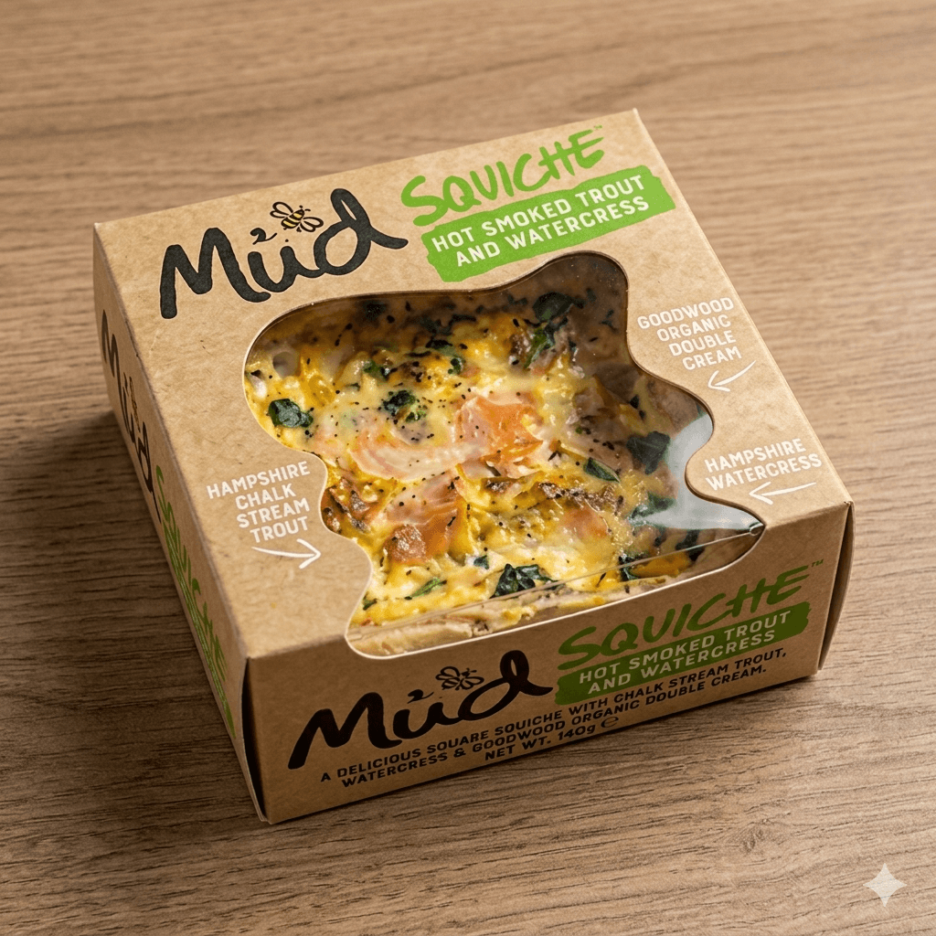 Mud Pies Hot Smoked Trout Watercress Squiche: square quiche in windowed box, with smoked trout, Hampshire watercress cream.