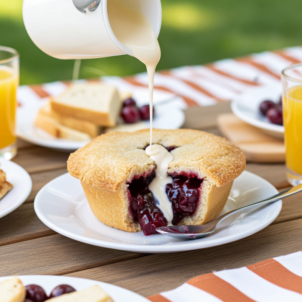 A Mud Pies Apple and Blackberry Pie with an all-butter shortcrust pastry crust sits split open on a white plate, showing the juicy fruit filling inside. Cream is being poured over the pie. Sliced bread, fresh blackberries and apples, and glasses of orange juice are arranged on a wooden table laid with a striped cloth outdoors.