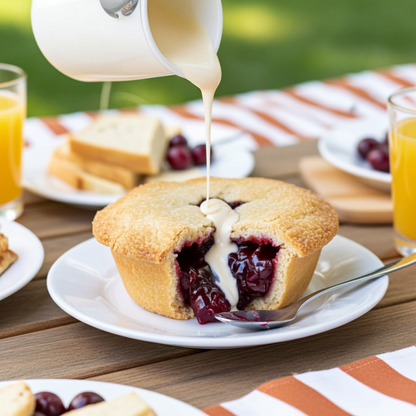 A Mud Pies Apple and Blackberry Pie with an all-butter shortcrust pastry crust sits split open on a white plate, showing the juicy fruit filling inside. Cream is being poured over the pie. Sliced bread, fresh blackberries and apples, and glasses of orange juice are arranged on a wooden table laid with a striped cloth outdoors.