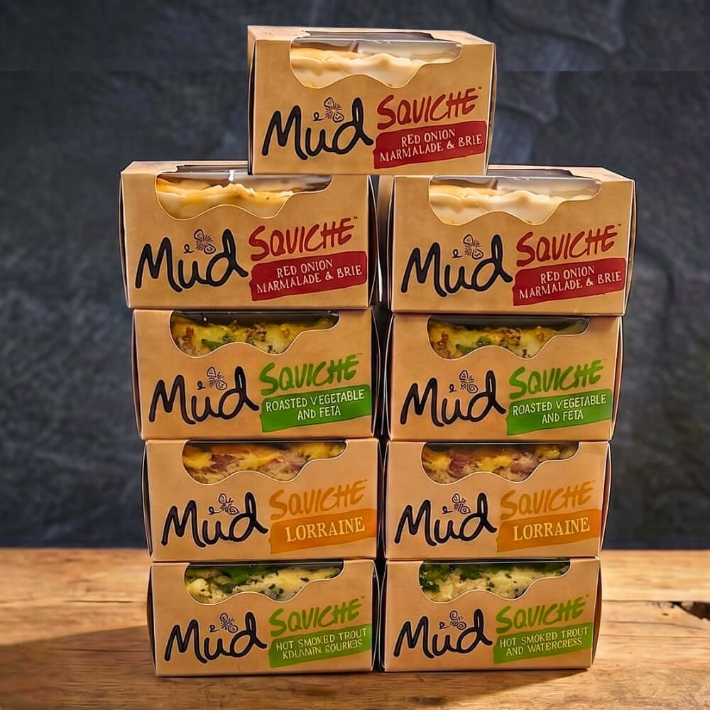 Square quiche box selection featuring Mud Squiche® flavors including Red Onion Marmalade & Brie.