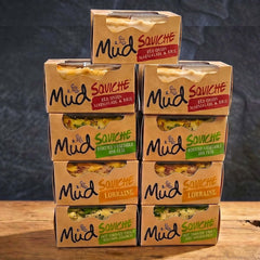 Square quiche box selection featuring Mud Squiche® flavors including Red Onion Marmalade & Brie.