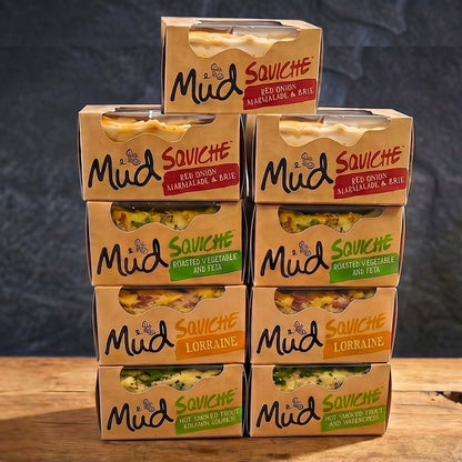 Square quiche box selection featuring Mud Squiche® flavors including Red Onion Marmalade & Brie.