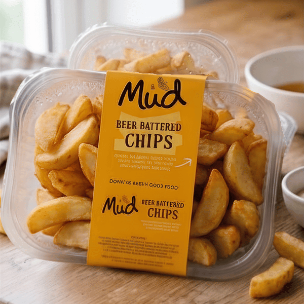 A clear plastic tub marked "Mud Pies Beer Battered Chips" holds golden thick-cut chips on wood, with a dip bowl in the background.