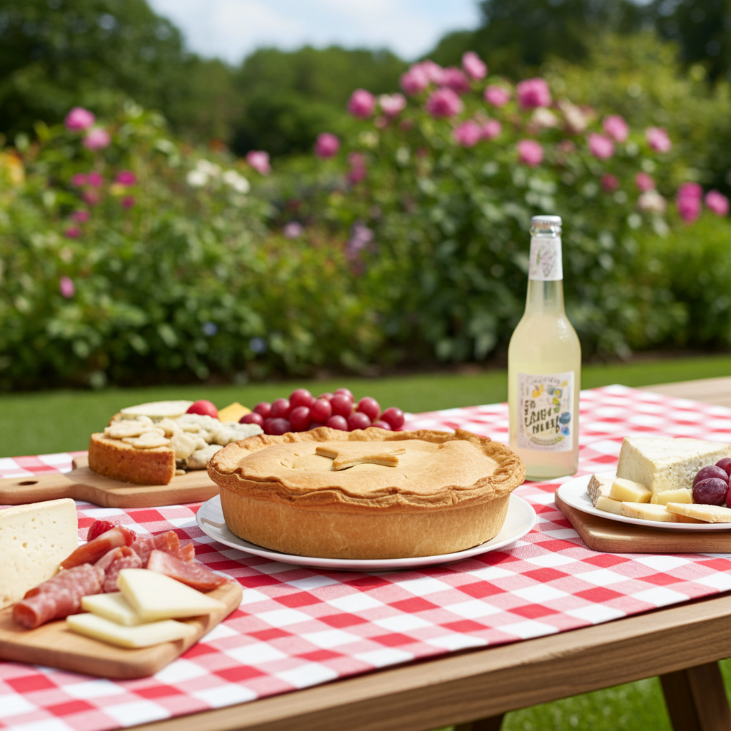 A picnic table covered with a red-and-white checkered cloth features a golden handmade Mud Pies Steak and Ale Pie, a selection of cheeses, cured meats, bunches of grapes, a bottle of lemon soda, and a tempting slice of cake. Behind the table, bright blooming flowers and lush greenery evoke the charm of an outdoor British garden beneath a clear blue sky.