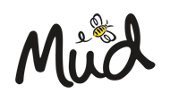 The word “Mud” appears in bold, black cursive on white. A striped yellow-and-black bee above the “u” suggests handmade pies.