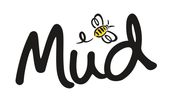 The word “Mud” appears in bold, black cursive on white. A striped yellow-and-black bee above the “u” suggests handmade pies.