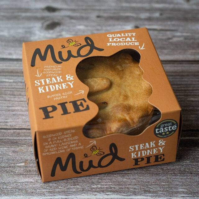 Steak and Kidney Pie in a quality branded box with butter-rich pastry and local produce.