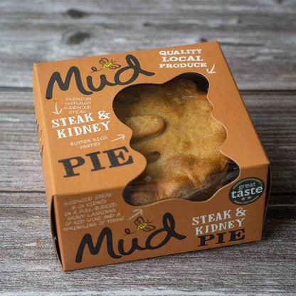 Steak and Kidney Pie in a quality branded box with butter-rich pastry and local produce.