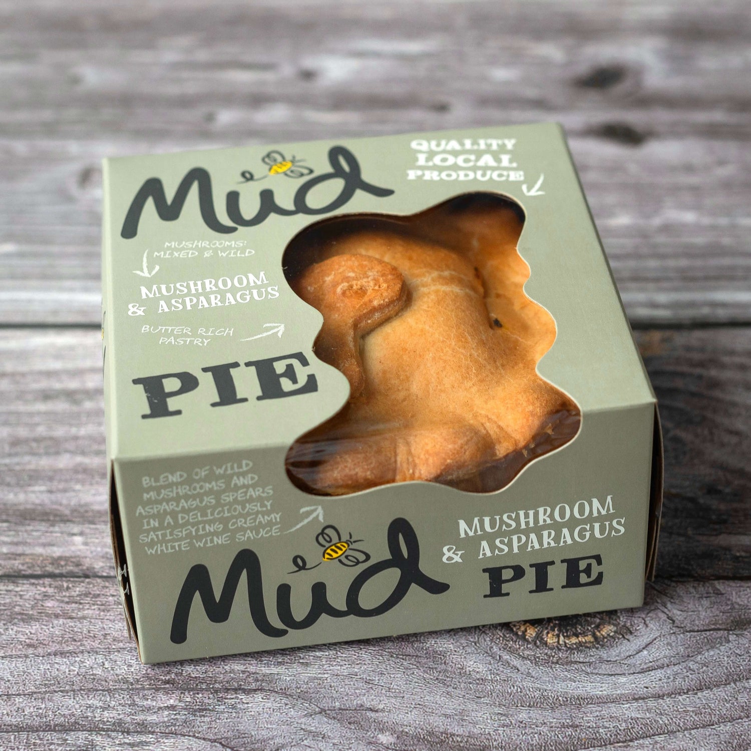 Mud Pies' vegetarian pie gift box with mushroom and asparagus pie in a windowed box, rustic wood art, plus Pies Dessert.