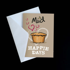 The Mud Pies Valentines Greetings Card showcases a charming pie drawing and includes a white envelope, perfect for gifting alongside pies.