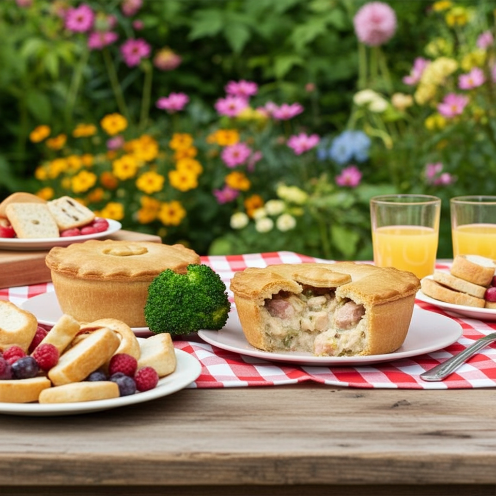Two pies from Mud Pies—one sliced open to reveal the hearty, savoury filling of their celebrated, handmade Chicken, Ham and Leek Pie with tender chicken pieces and vegetables—rest on a plate accompanied by fresh broccoli. Nearby, plates piled with bread and berries sit beside two glasses of orange juice atop a red-checked cloth outdoors. The scene is framed by vibrant flowers and lush greenery all around—a quintessential setting for enjoying this buttery shortcrust pastry treat.